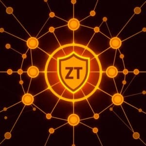 Représentation futuriste de la salle des serveurs de Zero Trust Security dans l'hébergement web