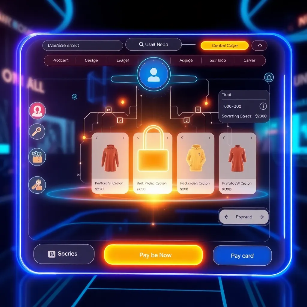 Interface e-commerce futuriste avec affichage holographique des produits, assistant IA et options de paiement sans faille