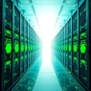 Un centre de données tourné vers l'avenir avec des sources d'énergie renouvelables, des interfaces d'intelligence artificielle et des nœuds d'edge computing