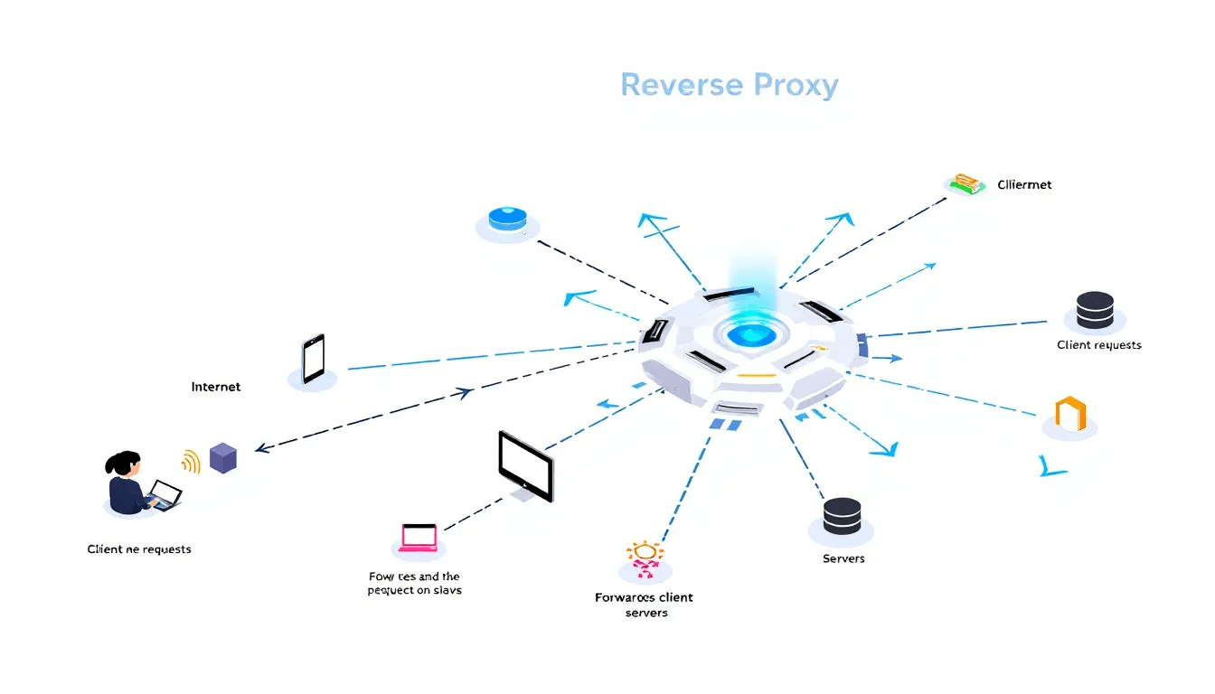 Une représentation schématique d'un reverse proxy qui transmet les requêtes des clients à différents serveurs.