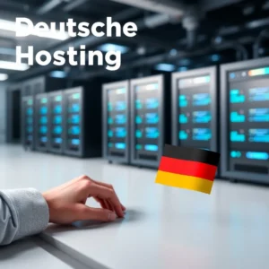 Salle de serveurs d'un fournisseur d'hébergement allemand avec des racks de serveurs modernes et éclairés.