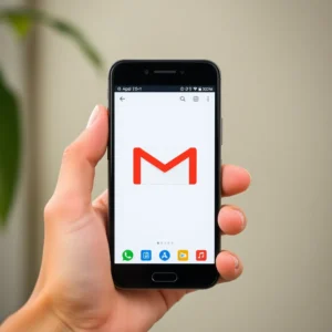 Smartphone avec l'application webmail ouverte dans un design moderne.