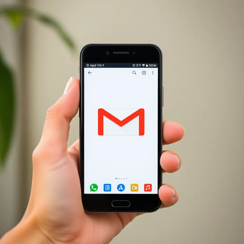 Smartphone avec l'application webmail ouverte dans un design moderne.