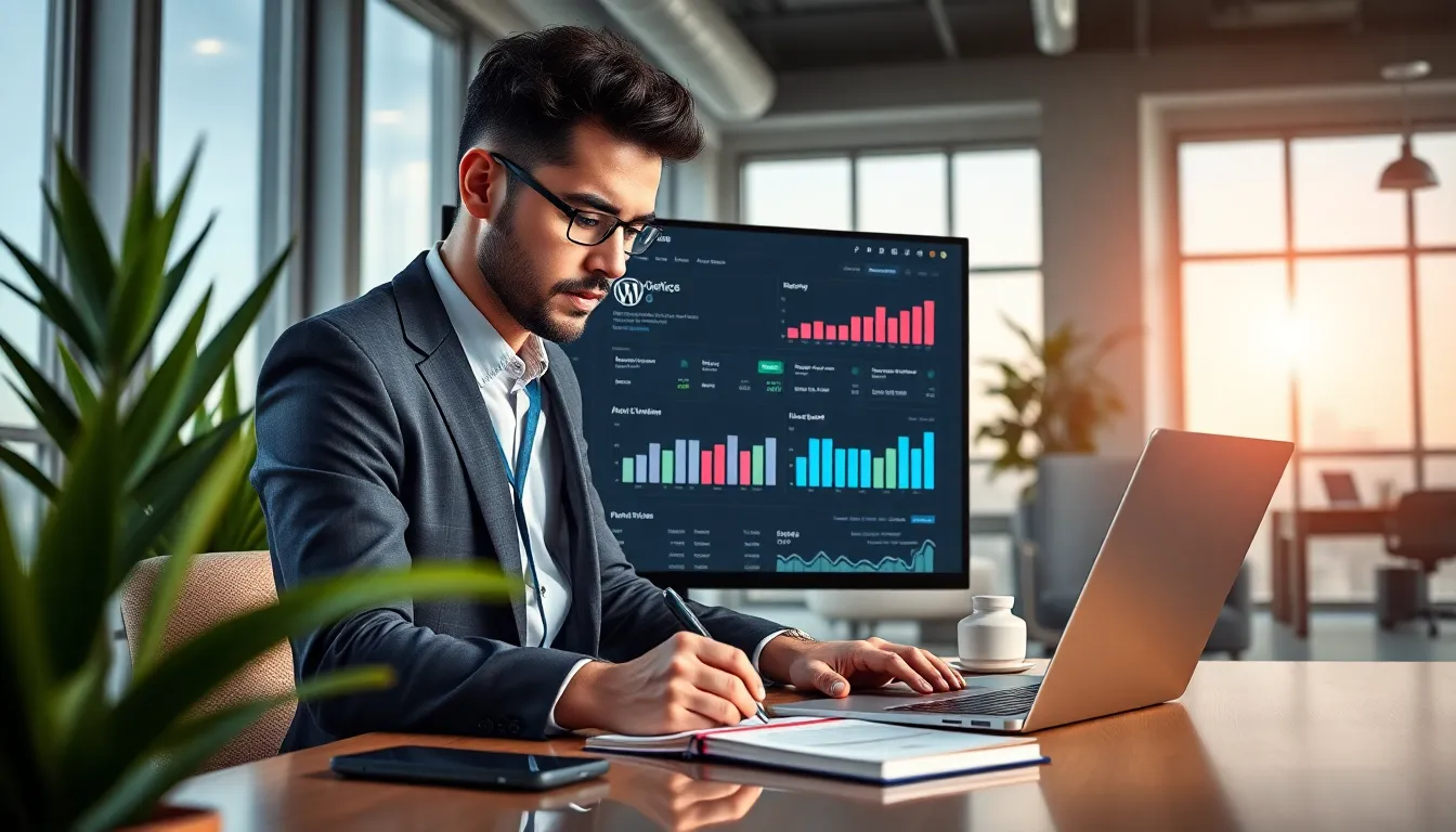 Business person optimizing WordPress site with laptop