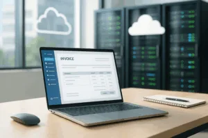 Facturation numérique dans le bureau d'hébergement avec ordinateur portable et serveurs