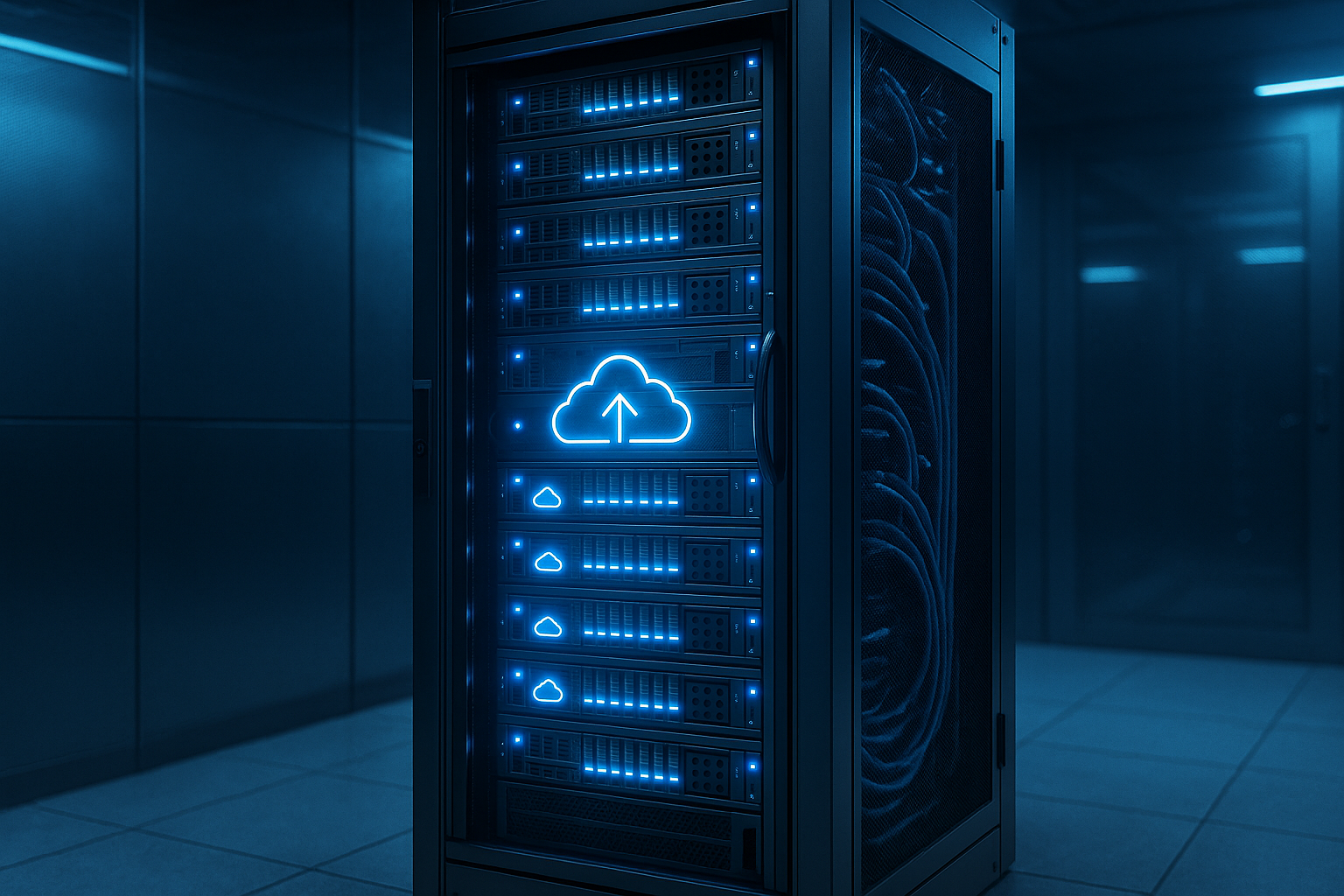 Rack de serveurs dans un centre de données sécurisé avec des LED bleues, des icônes de sauvegarde en nuage