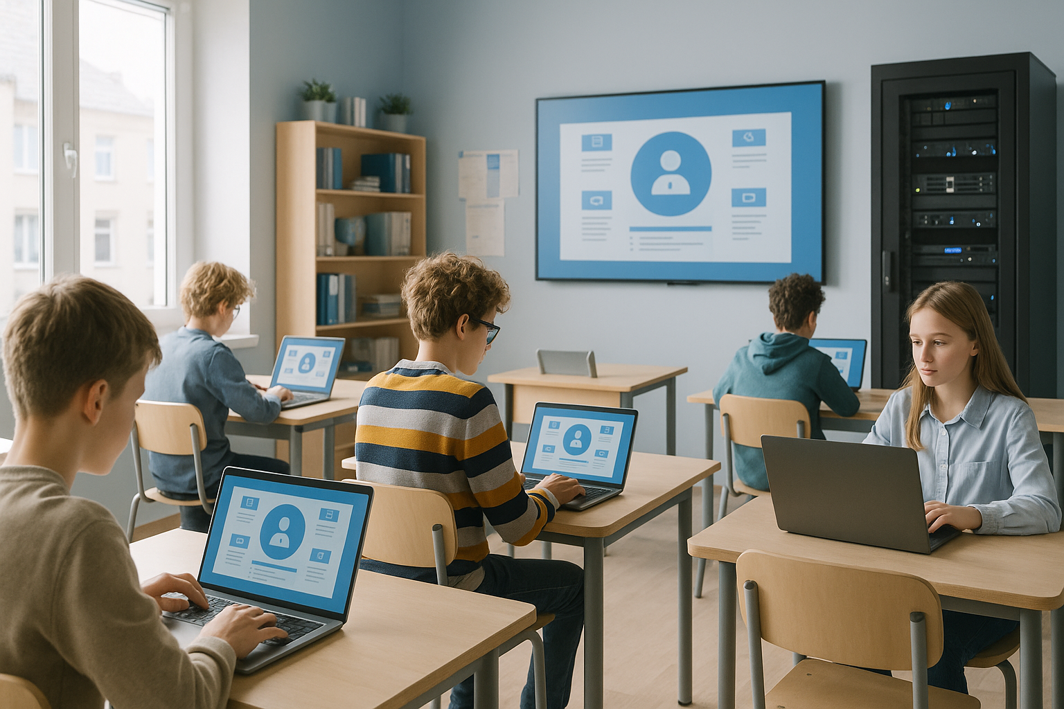 Salle de classe photoréaliste avec ordinateurs portables et serveur pour un hébergement sécurisé dans le domaine de l'éducation.