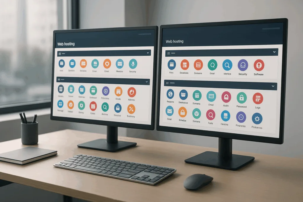 Tableau de bord d'hébergement moderne avec interface cPanel au bureau