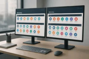 Tableau de bord d'hébergement moderne avec interface cPanel au bureau