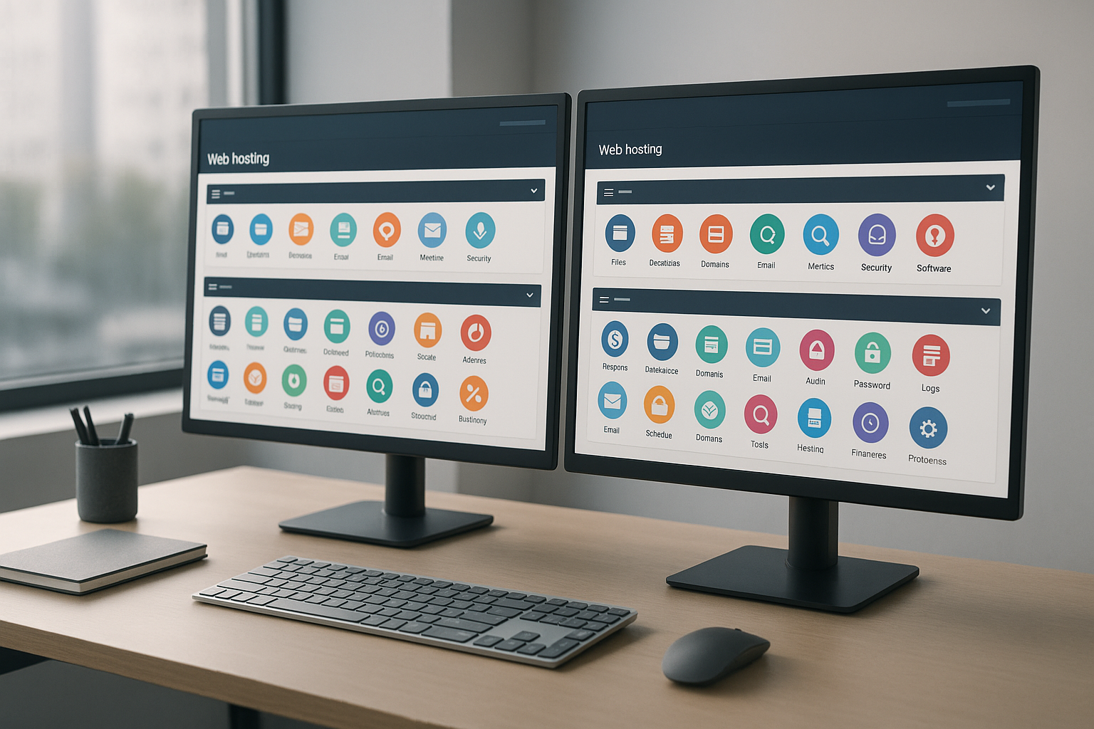Tableau de bord d'hébergement moderne avec interface cPanel au bureau