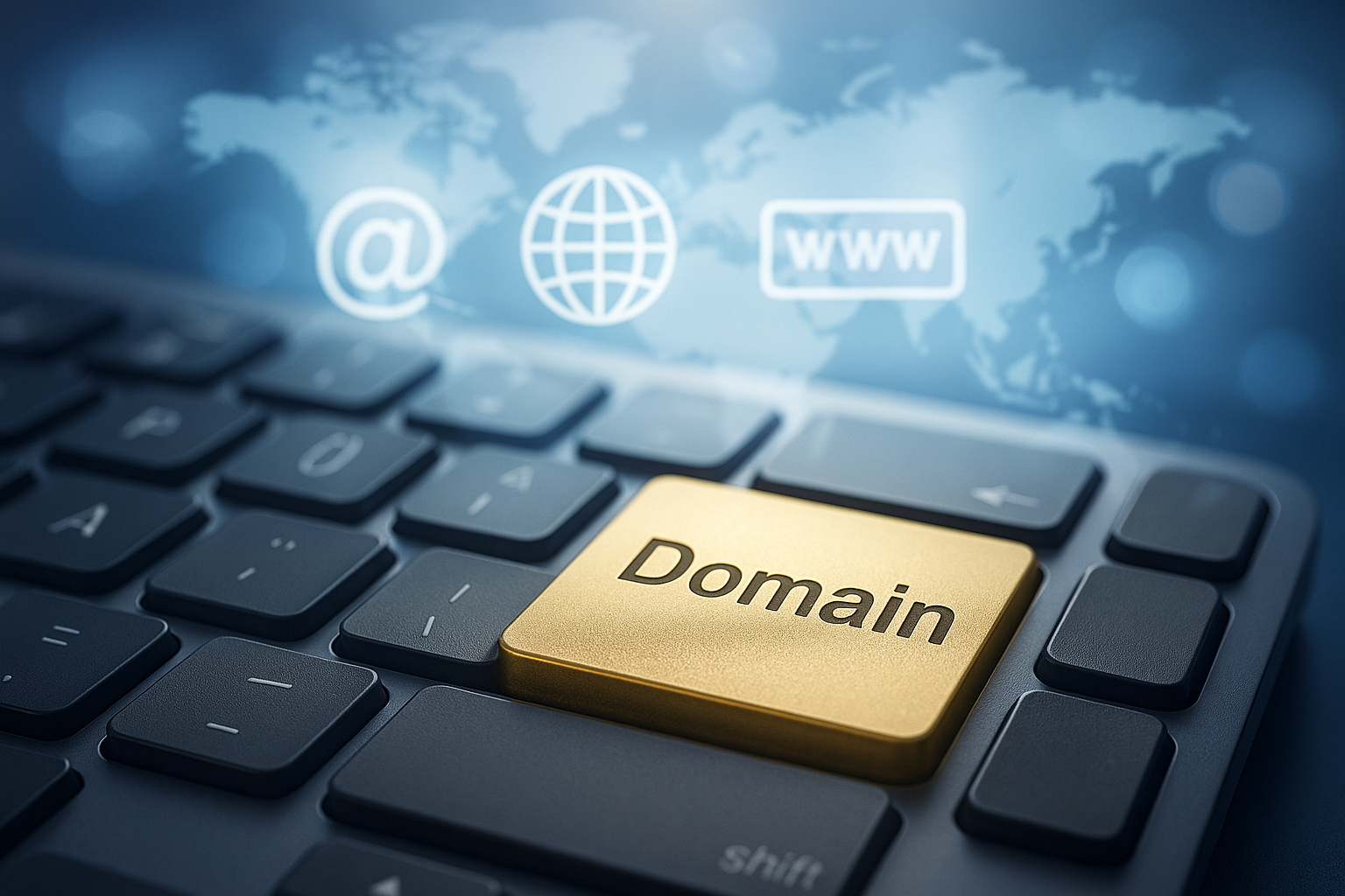 Conseils pour l'achat d'un domaine : Clavier moderne avec touche domaine en surbrillance en or