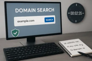 Transfert de domaine : clavier d'ordinateur, écran avec recherche de domaine et carnet de notes, icône de sécurité et de changement de domaine