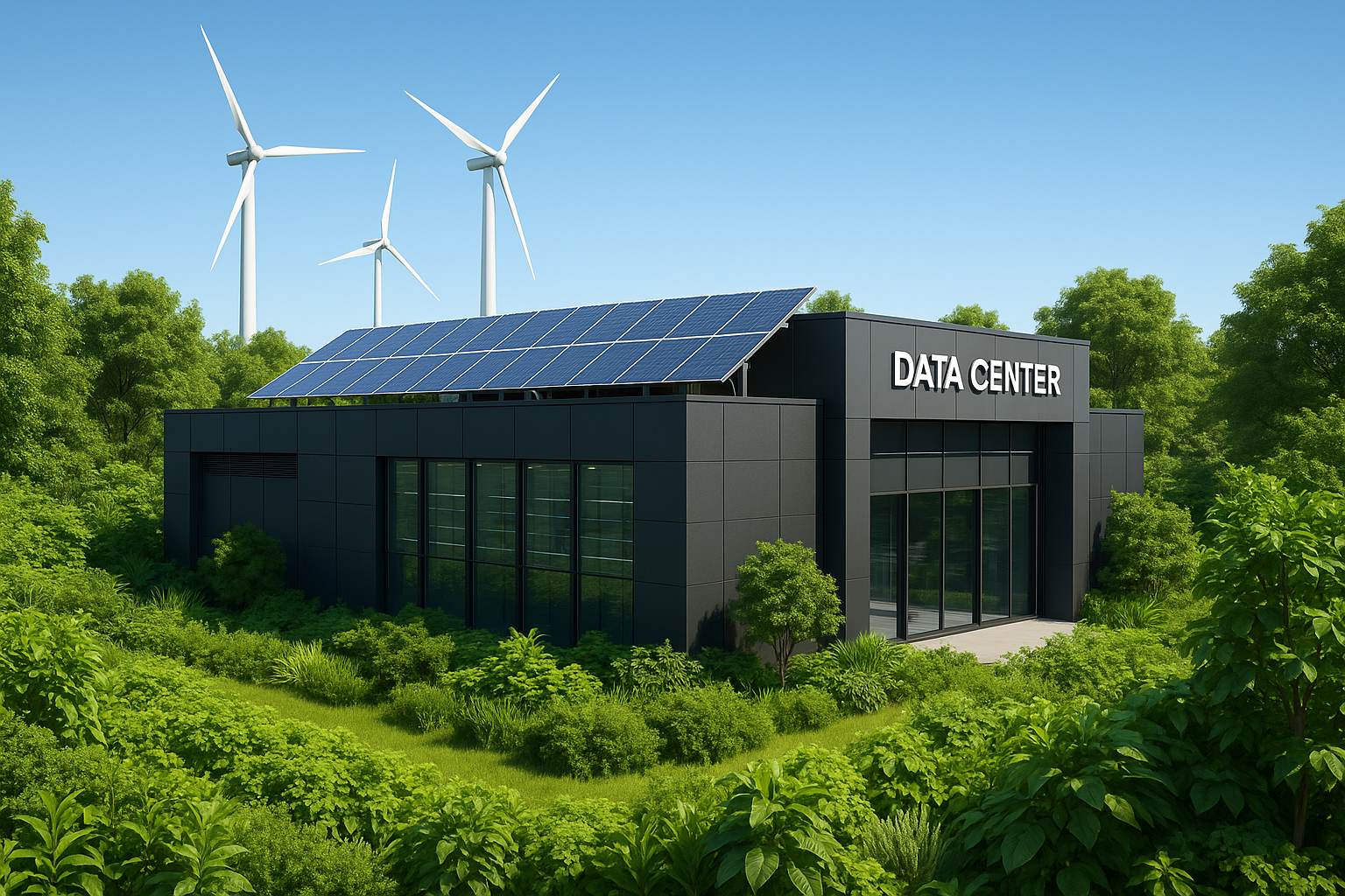 Un centre de données durable avec des panneaux solaires et des plantes