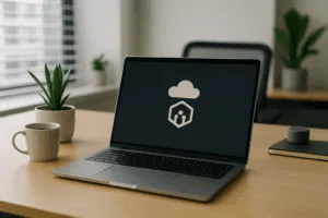 Poste de travail moderne avec ordinateur portable et tasse de café, idéal pour les petites entreprises et l'hébergement