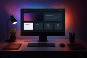 Poste de travail moderne en webdesign avec modèle HTML à l'écran