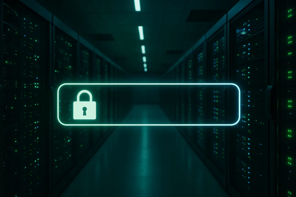 Centre de données avec connexions HTTPS sécurisées et icône de cadenas
