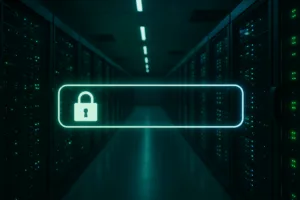 Centre de données avec connexions HTTPS sécurisées et icône de cadenas