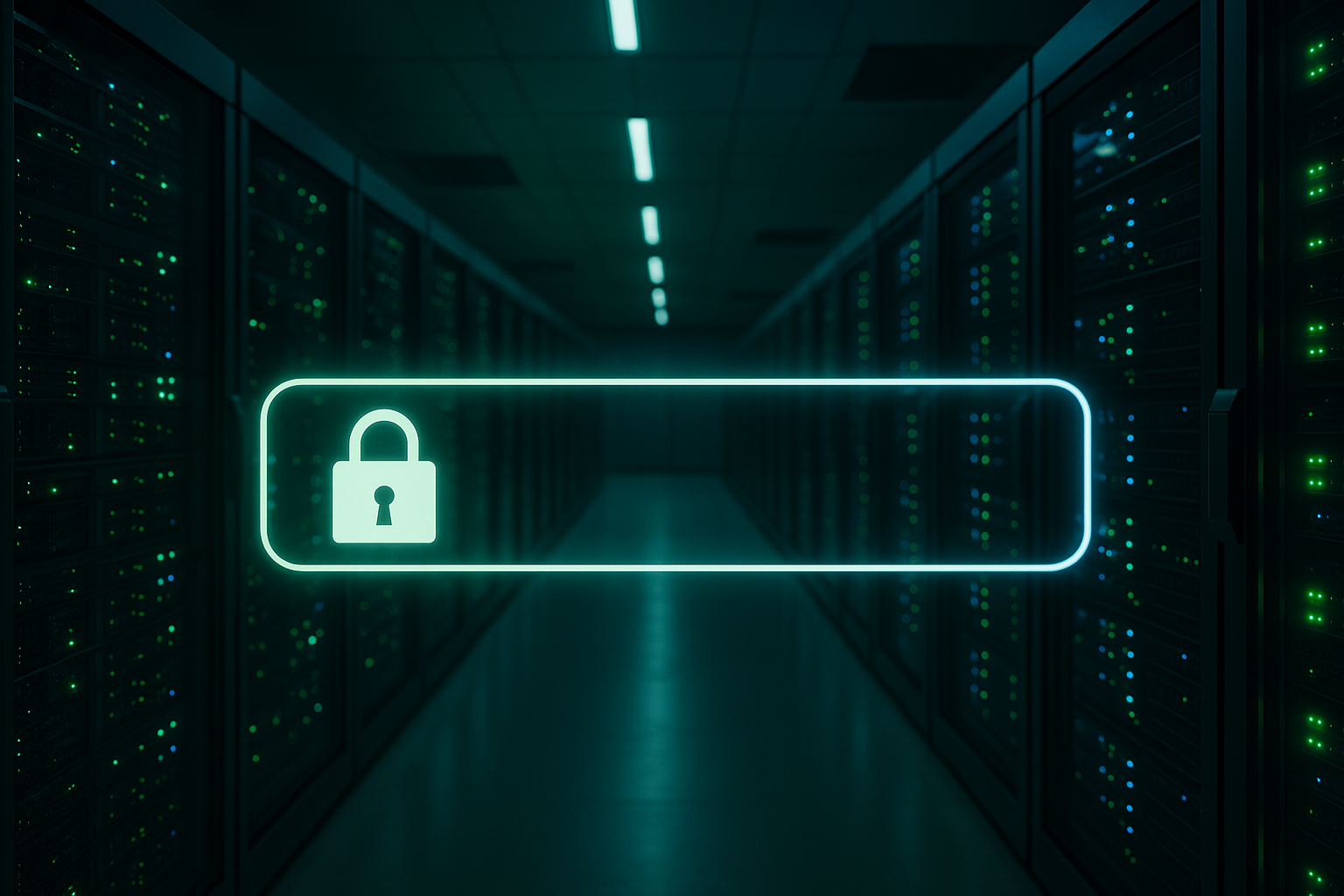 Centre de données avec connexions HTTPS sécurisées et icône de cadenas
