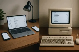 Vue des boîtes aux lettres électroniques synchronisées sur un ordinateur portable, une tablette et un smartphone avec IMAP à côté d'un ordinateur individuel avec POP3.