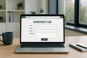 Formulaire de contact sécurisé photoréaliste sur un ordinateur portable avec symbole SSL