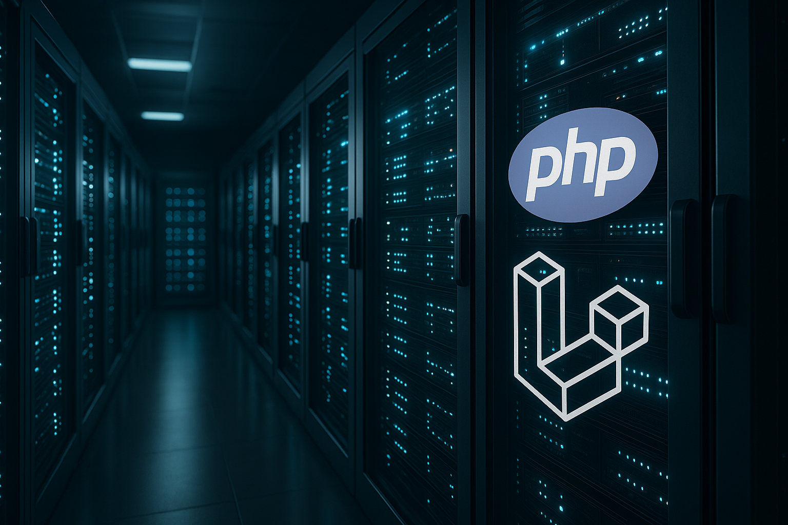 Salle des serveurs avec des racks de serveurs modernes et des symboles Laravel suggérés pour l'hébergement web.