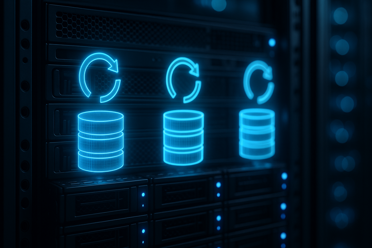 Serveur avec processus de sauvegarde MySQL en cours et icônes de la base de données