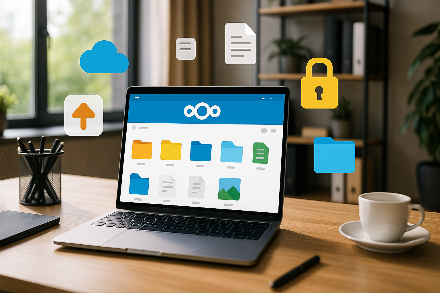 Un bureau à domicile moderne avec l'interface Nextcloud et les icônes Cloud