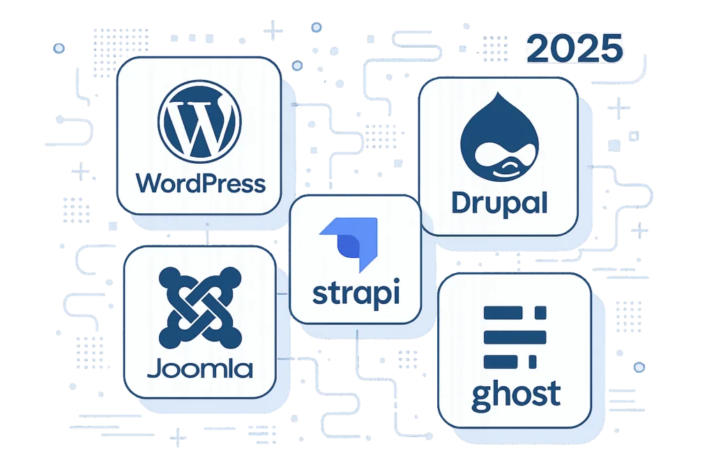 Comparaison des meilleurs systèmes CMS open source en 2025 : WordPress, Drupal, Joomla, Strapi et Ghost