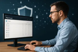 Configuration du pare-feu Plesk sur un écran de serveur avec visualisation de la sécurité