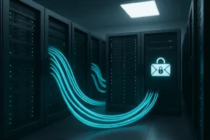 Rack de serveur moderne avec câblage réseau dans le centre de données, icône pour des réglages Postfix sécurisés