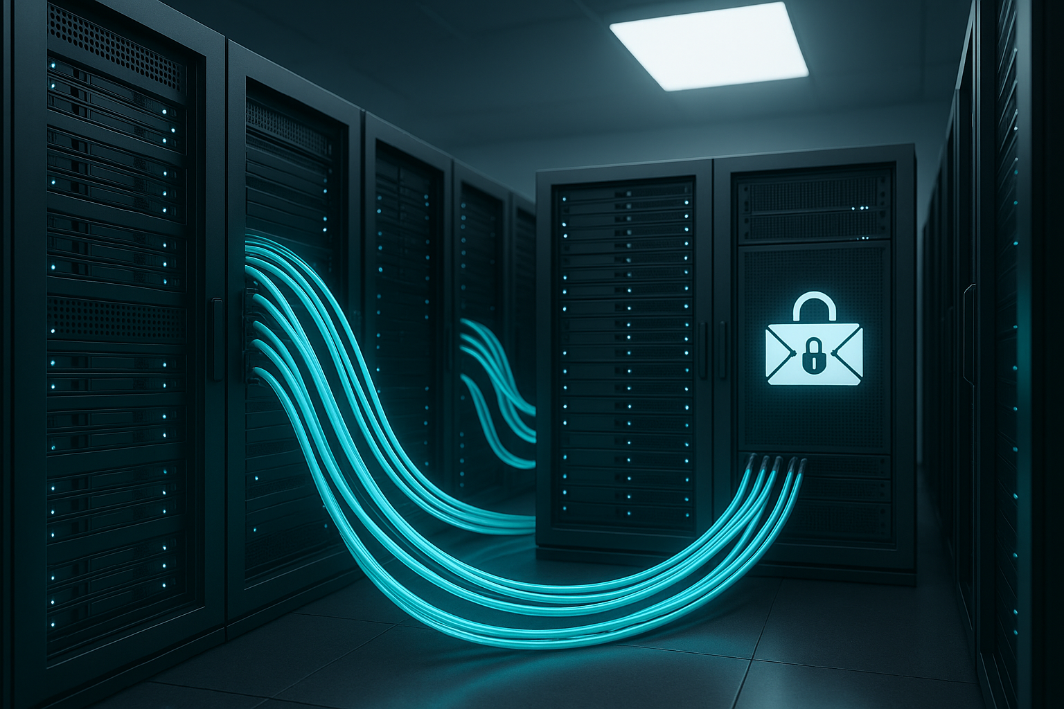 Rack de serveur moderne avec câblage réseau dans le centre de données, icône pour des réglages Postfix sécurisés