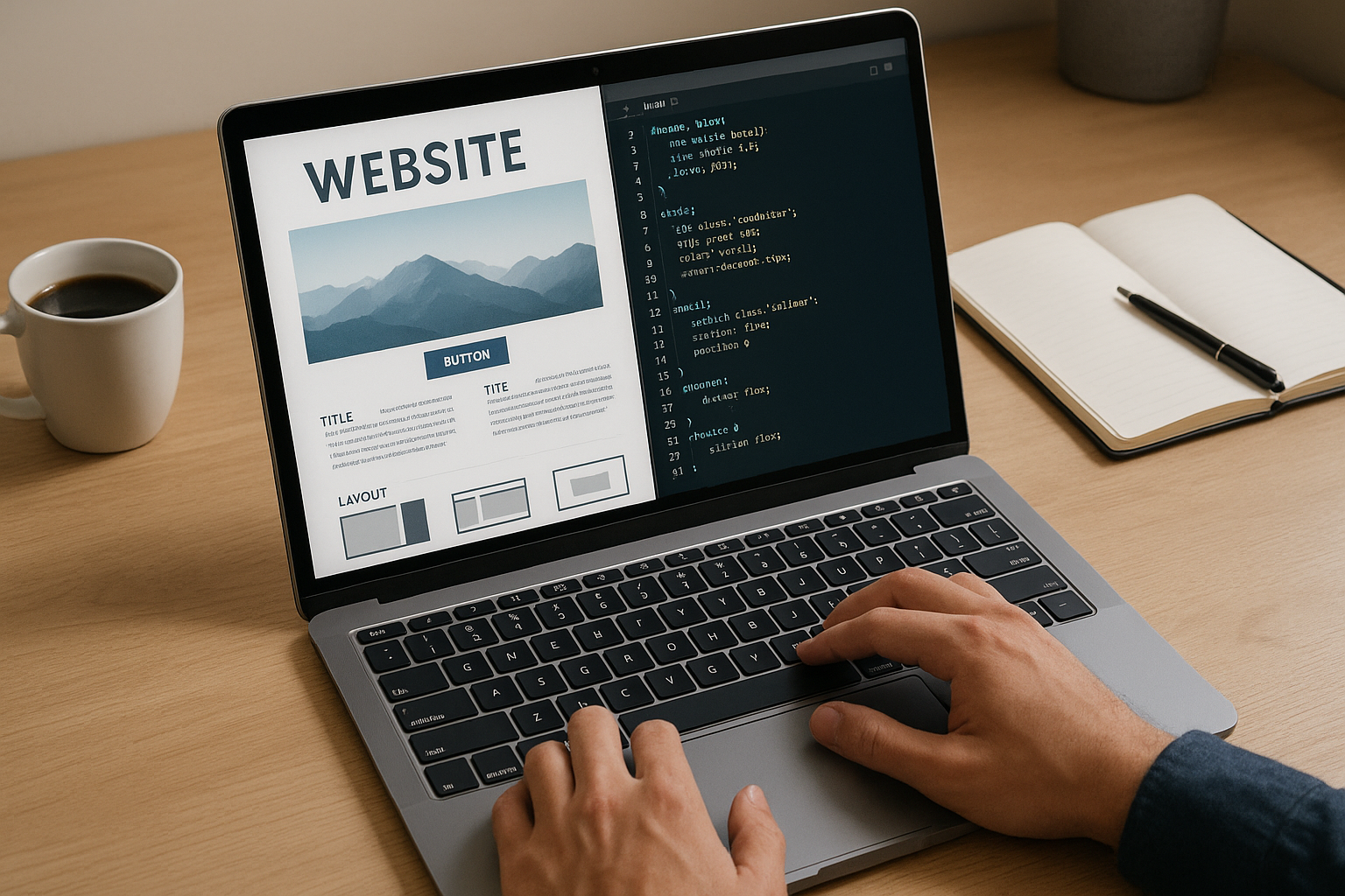 La personne crée un site web sur un ordinateur portable avec une interface moderne de construction de site web