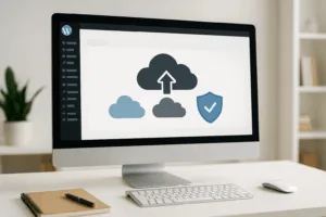 Tableau de bord de sauvegarde WordPress avec options de stockage dans le cloud et icône de sécurité