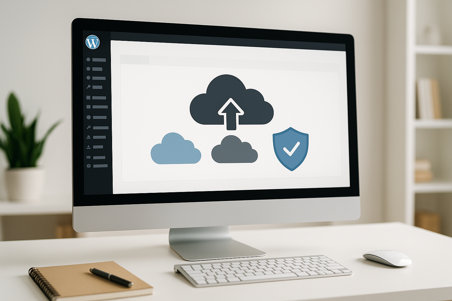 Tableau de bord de sauvegarde WordPress avec options de stockage dans le cloud et icône de sécurité