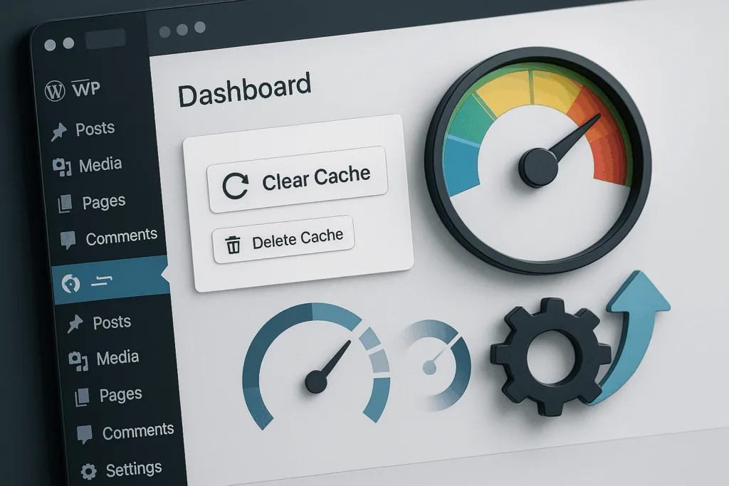 Tableau de bord WordPress avec options d'effacement du cache pour des temps de chargement plus rapides