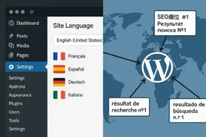 Tableau de bord multilingue de WordPress avec différents paramètres de langue et optimisations SEO