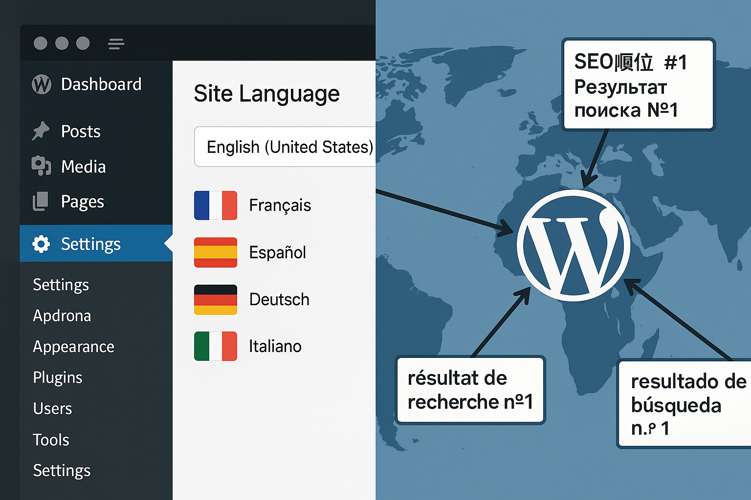 Tableau de bord multilingue de WordPress avec différents paramètres de langue et optimisations SEO
