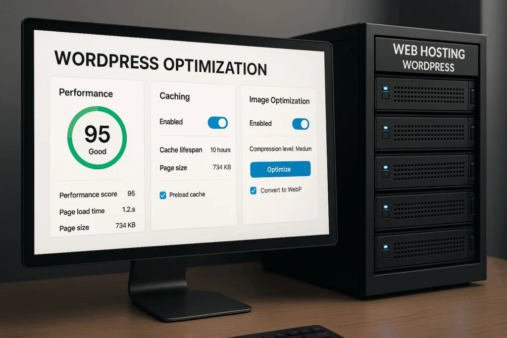 Tableau de bord de performance WordPress avec outils d'optimisation pour un hébergement web plus rapide
