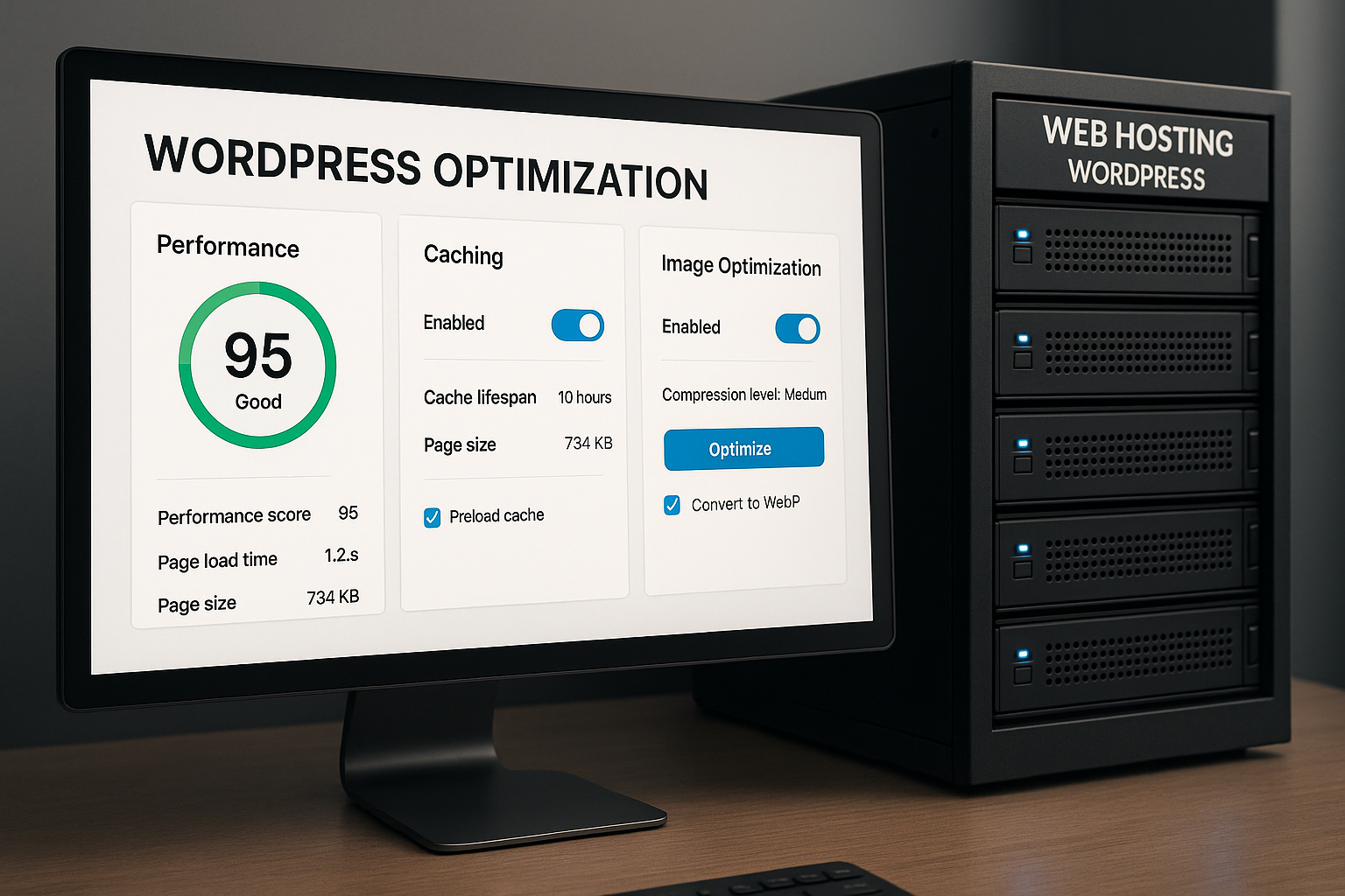 Tableau de bord de performance WordPress avec outils d'optimisation pour un hébergement web plus rapide