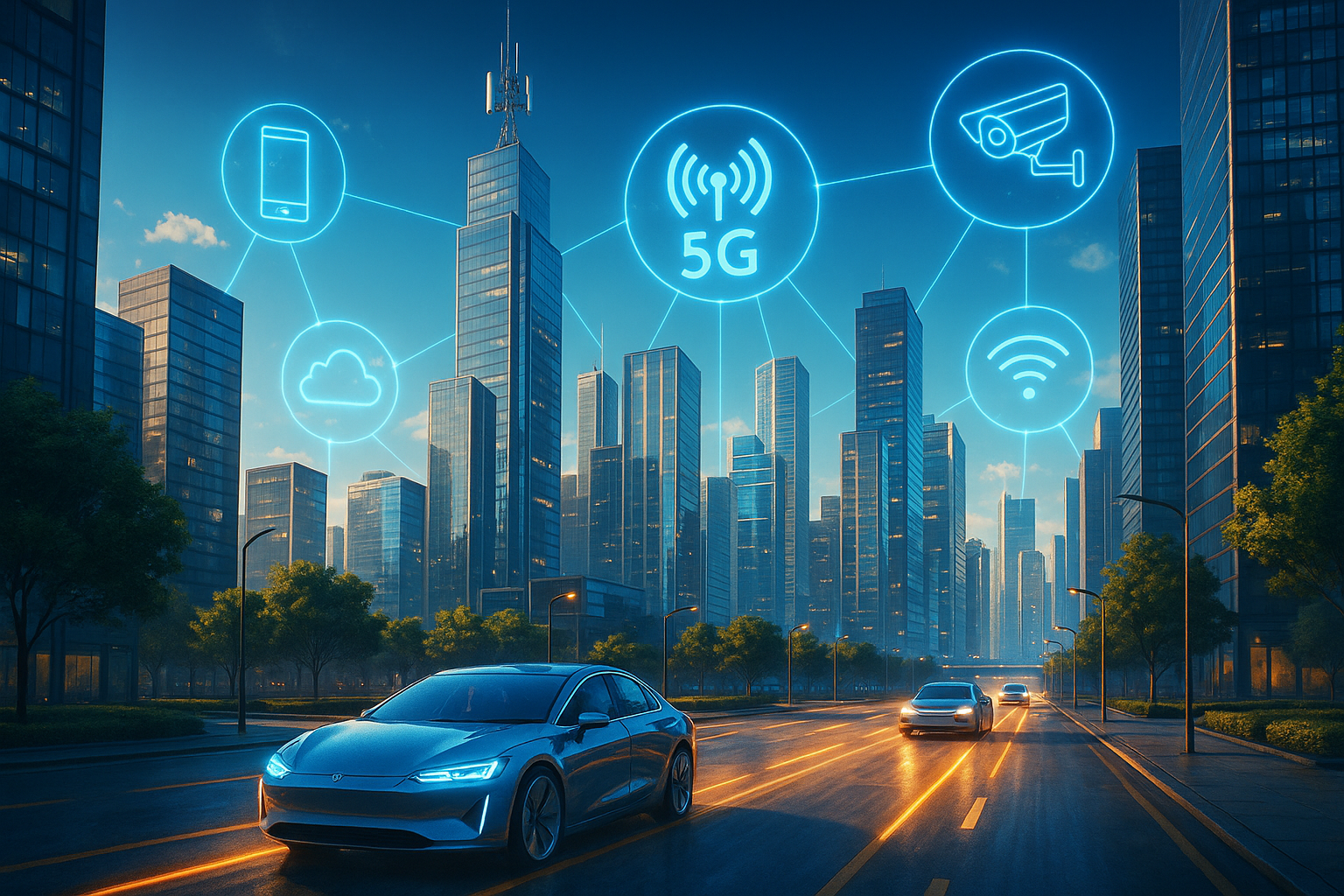 Une ville futuriste avec des antennes 5G, des appareils connectés et des voitures autonomes à la lumière du jour
