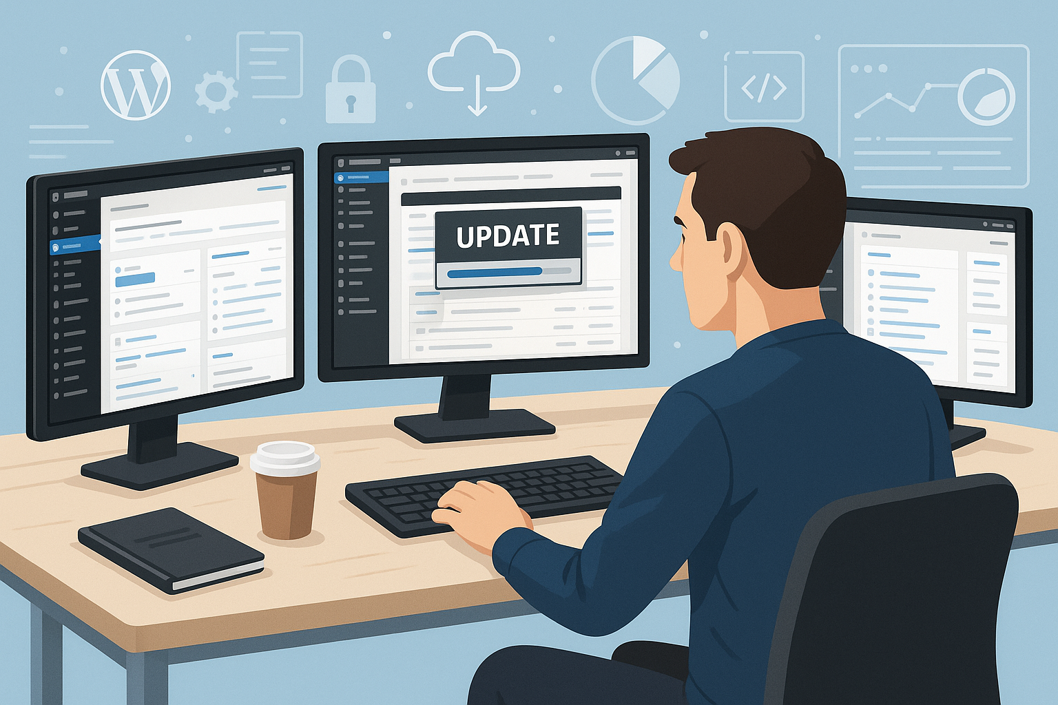 Bureau moderne avec des moniteurs montrant les mises à jour du CMS et la maintenance