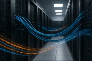 Des serveurs puissants dans un centre de données moderne avec des flux de données et des réseaux.