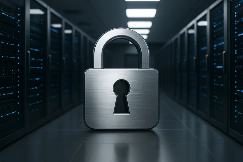 Symbole de protection des données devant le système de serveur - traitement sécurisé des données sur Internet