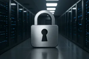 Symbole de protection des données devant le système de serveur - traitement sécurisé des données sur Internet