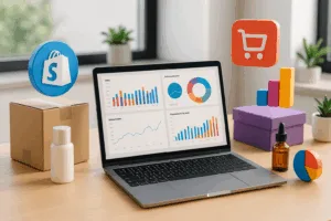 Environnement de travail moderne avec ordinateur portable et différentes plates-formes de commerce électronique