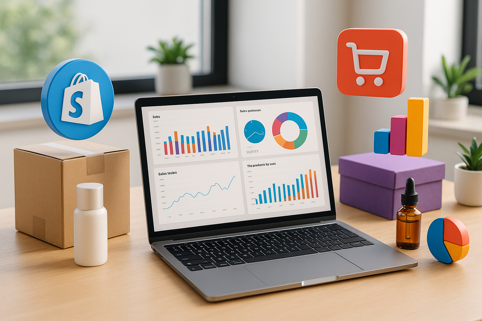 Environnement de travail moderne avec ordinateur portable et différentes plates-formes de commerce électronique