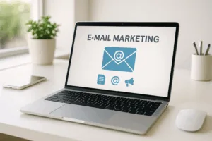 Un ordinateur portable montre une campagne d'e-mail marketing réussie sur un bureau moderne.