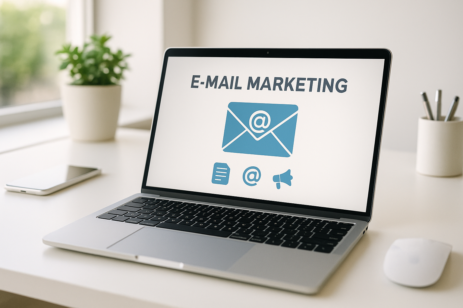 Un ordinateur portable montre une campagne d'e-mail marketing réussie sur un bureau moderne.