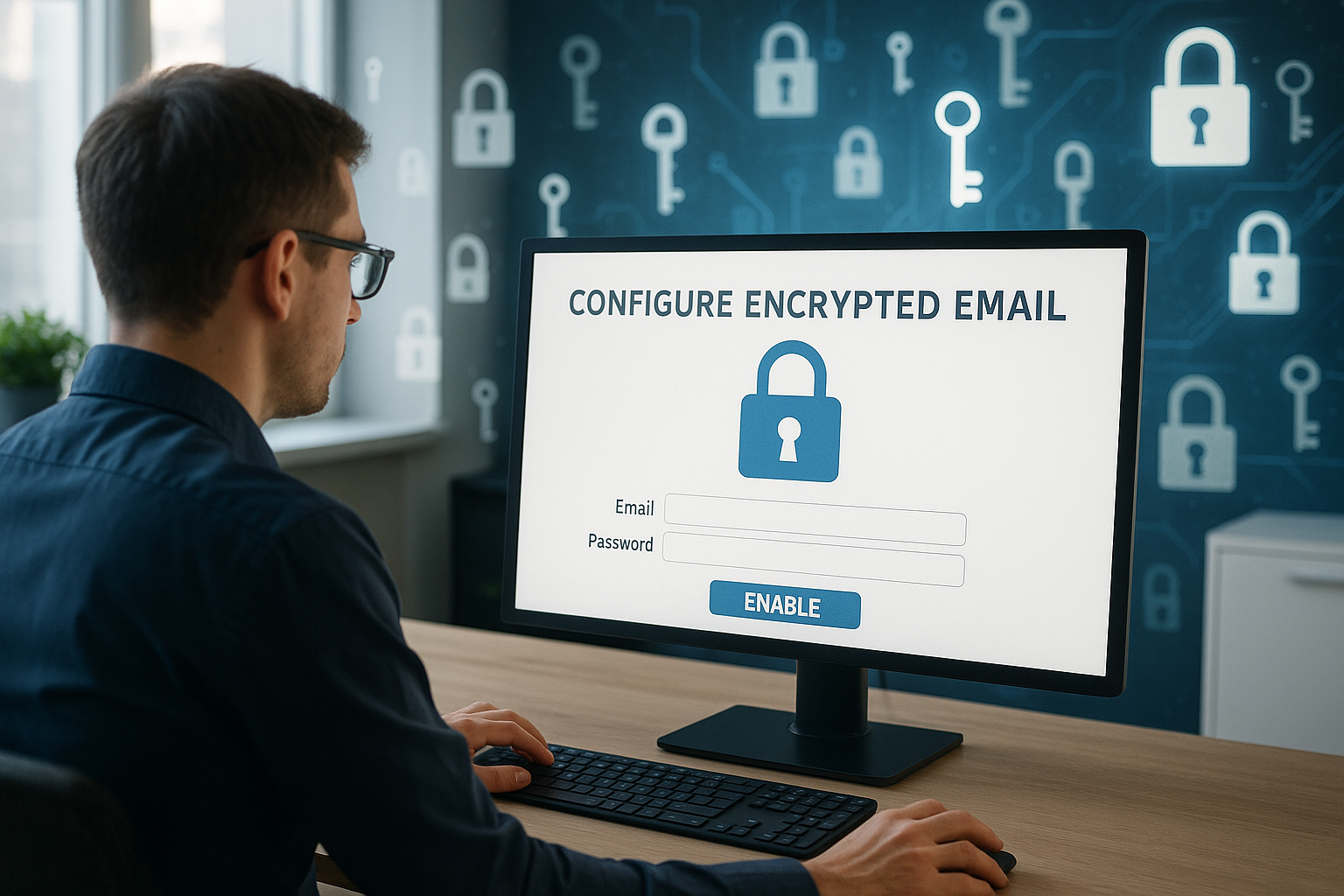 Une personne met en place le cryptage des e-mails sur son ordinateur dans un bureau moderne