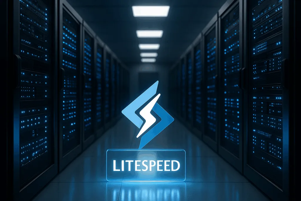 Centre de données avec racks de serveurs éclairés et technologie LiteSpeed